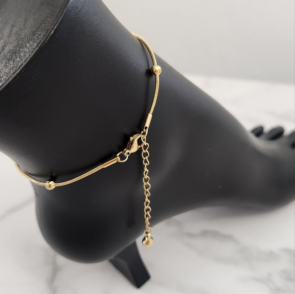 Gold Plated Anklet • Snake Chain with Round Beads • Adjustable Dainty Anklet - Picture 7 of 11